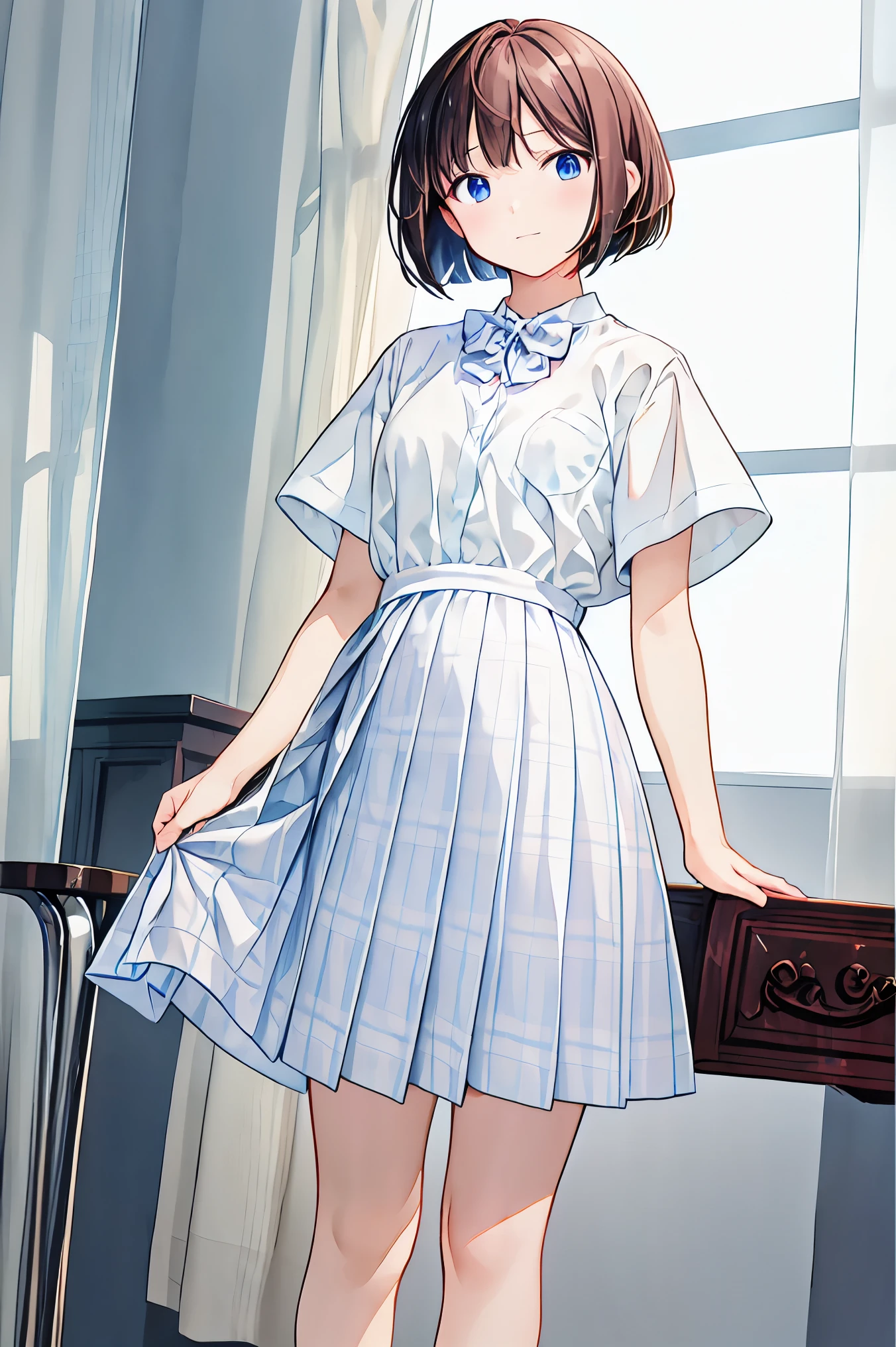 (Highest Quality), ( very well detailed), ( best illustration), (masterpiece), (female), high contrast , (small breasts), {brown hair, ( bob cut :1.3), curly hair , hair between eyes , Inner hair color}, {(fine grain), blue eyes }, , earrings for a female alone, wind,brown hair, shortcuts, disheveled hair , short braided hair, Neat , slender beauty , correct posture,small breasts,beautiful leg, enchanting gray-blue eyes shine like stars,droopy eyes, bright color, beautiful eyes on my stomach,A delicate smile,textured skin, Highest Quality ,優しくて美しいfemale,アニメwind、