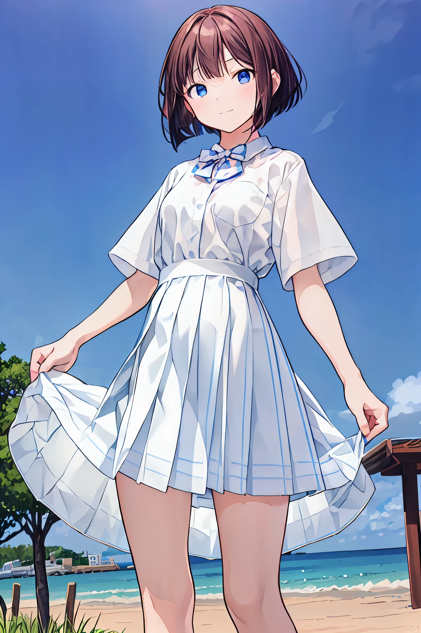 (Highest Quality), ( very well detailed), ( best illustration), (masterpiece), (female), high contrast , (small breasts), {brown hair, ( bob cut :1.3), curly hair , hair between eyes , Inner hair color}, {(fine grain), blue eyes }, , earrings for a female alone, wind,brown hair, shortcuts, disheveled hair , short braided hair, Neat , slender beauty , correct posture,small breasts,beautiful leg, enchanting gray-blue eyes shine like stars,droopy eyes, bright color, beautiful eyes on my stomach,A delicate smile,textured skin, Highest Quality ,優しくて美しいfemale,アニメwind、