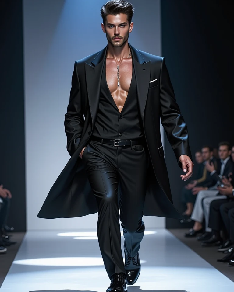 A muscular man in an elegant and mysterious vampire costume, complete with cape and sharp fangs, his imposing presence and piercing gaze reflect a unique combination of seductive charm and dark danger on Halloween night.