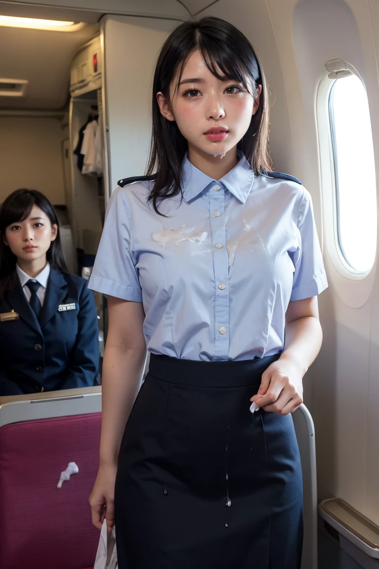 (8K, best quality, masterpiece:1.2), (realistic, photo-realistic:1.37), (high color saturation:1.0), (highly detailed skin), (highest quality:1.0), (ultra high resolution:1.0) ,(realistic:1.0), (Super detailed:1.0), (8K, Raw photo:1.1)、standing random pose, smiling, natural breast, perfect lighting, 3girls, 24years old, (mysterious), clear and detailed, ((ANA_Cabin Crew, blue flight attendant_uniform)), black pantyhose, (aircraft, aircraft seats), cute face, mini skirt, no_panties, beautiful_pussy, nsfw, ((skirt lift)), no_under hair,