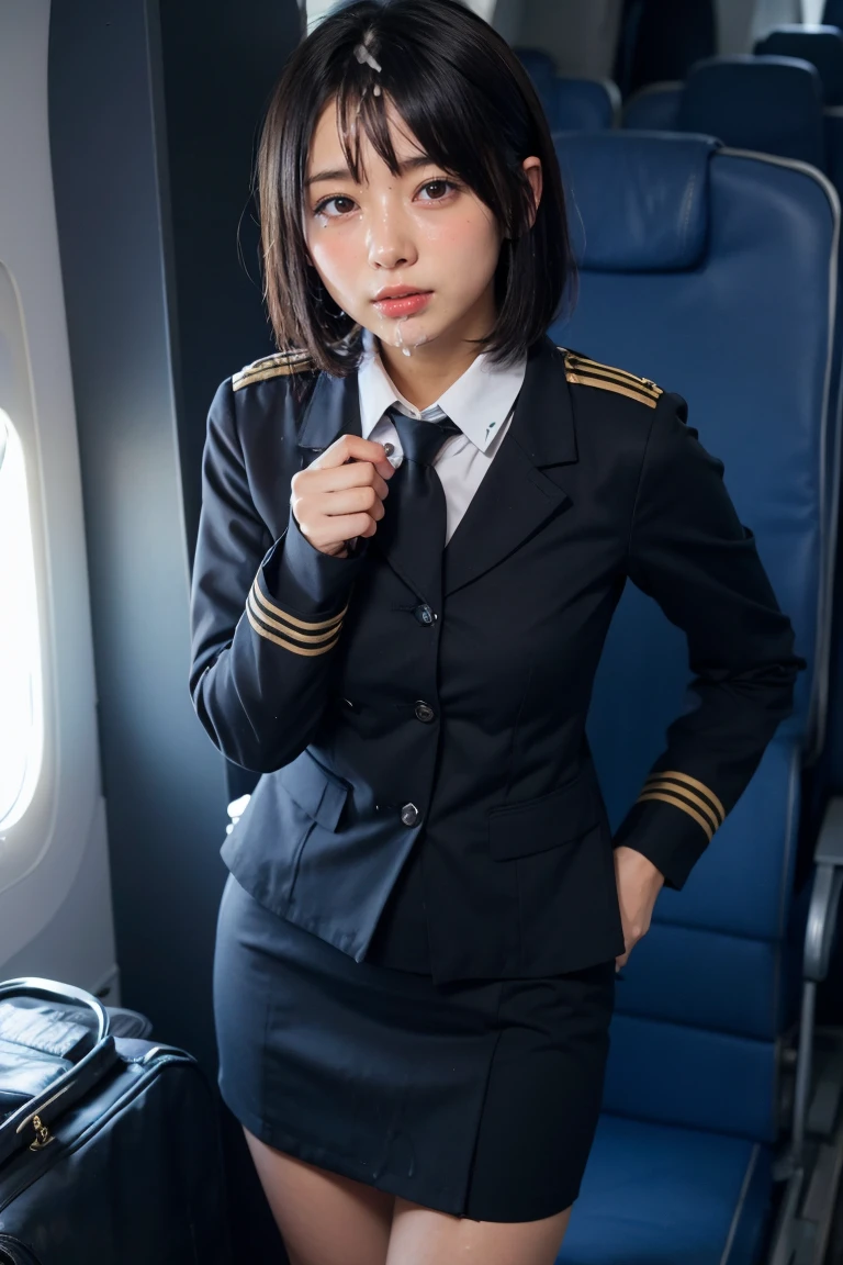 top quality, masterpiece, 8K, ultra high definition, (realistic: 1.4), 1 girl, beautiful face, symmetrical eyes, big, perfect body proportions, stewardess uniform, The beholder's gaze, (inside the airplane: 1.2), front view, shoulder jump, absolute area (1.3),