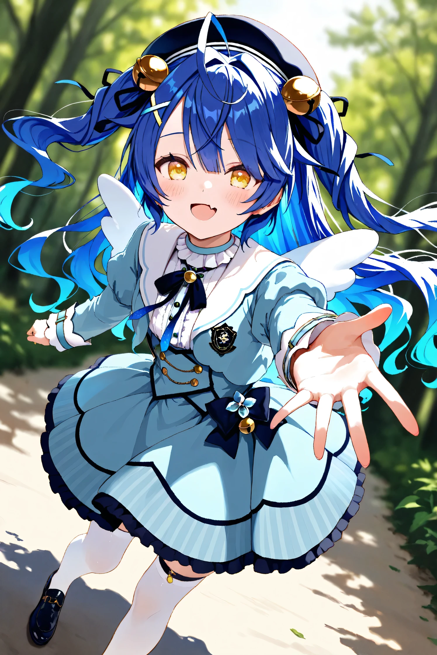 (Masterpiece), (Highest quality), (Very detailed), 
(The best shape), (Best Shadow), (Absurd), 
(Detailed background), (So beautiful), Shiny , 
Extraordinary, Countershading, 8k, 32K, High resolution, Beautiful eyes in every detail,
Very Detailed CG, UHD,

Score_9, Score_8_up, Score_7_up, Source_anime, 
(Pastel painting:1.2), (Watercolor painting:1.2),
(Masterpiece, Detailed:1.2), (Foreshortening:1.2),

Cinematic, Dramatic, (Depth of field:1.4),
(Blurry background:1.4), (Realistic background:1.4),
(Foreshortening:1.3),Dynamic angle, 1 girl,
Outdoor, Nature, Wind, forest,

Amamiya Kokoro,
nijisanji, virtual youtuber,
akokoro, ribbon, hair bell, x hair ornament, two side up, skin fang,

beret, dress, blue dress, long sleeves, jingle bell, wings, thighhighs, white thighhighs, black footwear,

portrait, Focus on face,
(Blush:1.3), smile, happy,
Realistic skin, Shiny skin,