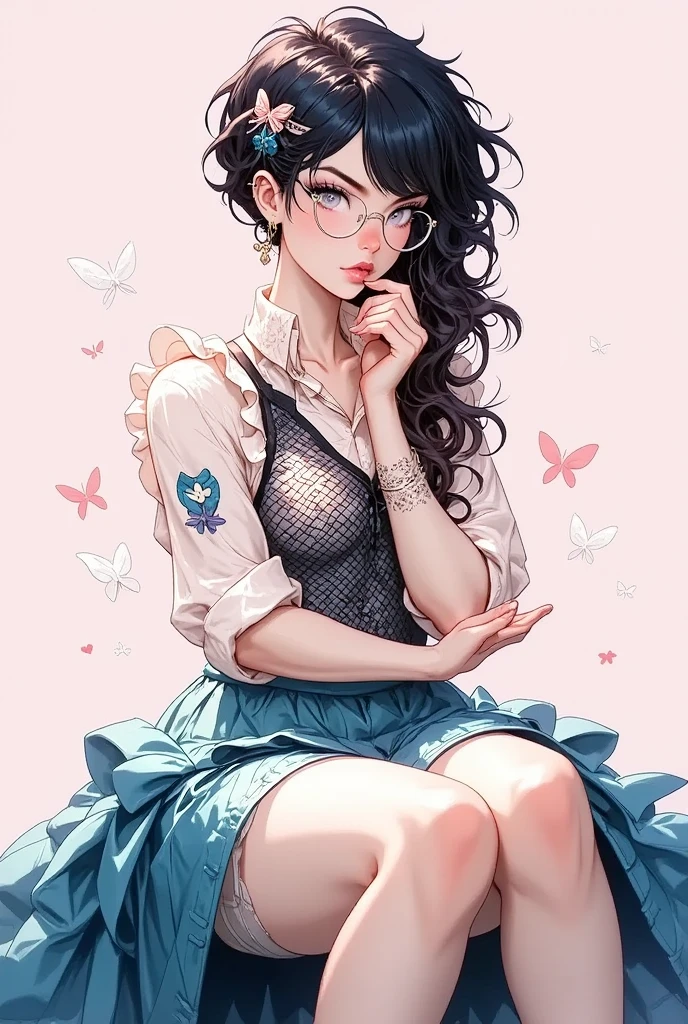 ((Highest Quality、masterpiece、high sensitivity、high resolution、detailed depiction、depicting a delicate face、Ｆvalue：6.0),((Slender Woman、wearing glasses)),fishnet shirt 、Long Skirt、 sit with your knees up 、garter stockings、suppresses Skirt、
