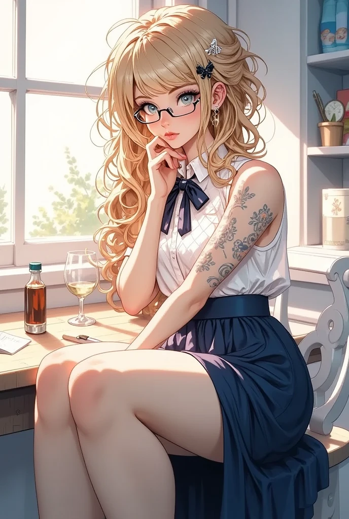 ((Highest Quality、masterpiece、high sensitivity、high resolution、detailed depiction、depicting a delicate face、Fvalue:6.0),((Slender Woman、wearing glasses)),fishnet shirt 、Long Skirt、 sit with your knees up 、garter stockings、suppresses Skirt、