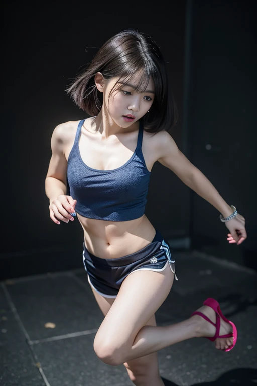 (Flying kick)、Kung Fu、(Japanese woman wearing a skirt and top jumping in the air), Cute Face, Stunning action poses, Kung Fuシューズ, Skirt fluttering in the wind、Hair blowing in the wind、athletic fashion photography, Black Wristband、Black Leather Gloves、Black panties、Dramatic action pose, Anime fashion meets Fujifilm, Dramatic action photography, High Quality Action Photos, Dynamic action poses、Female Action Girl, Perfect Dynamic Pose, Epic Action Pose, Dynamic action poses, Sports photography, athlete photography, Soar into the sky