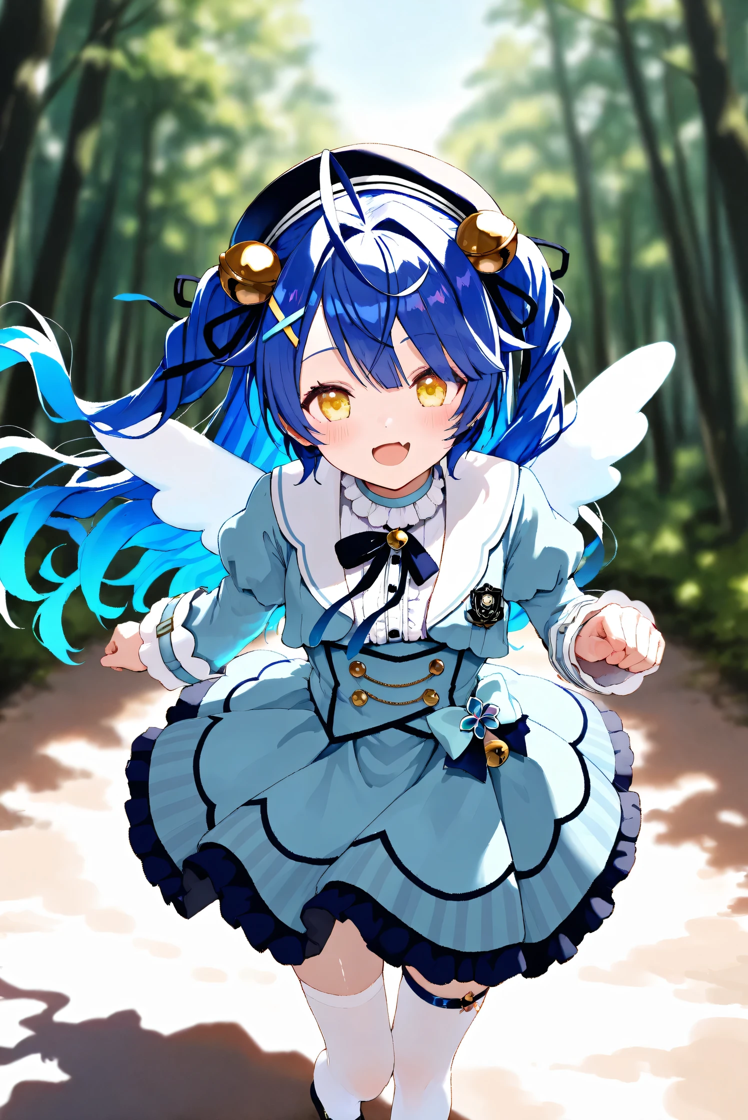 (Masterpiece), (Highest quality), (Very detailed),
(The best shape), (Best Shadow), (Absurd),
(Detailed background), (So beautiful), Shiny ,
Extraordinary, Countershading, 8k, 32K, High resolution, Beautiful eyes in every detail,
Very Detailed CG, UHD,
Score_9, Score_8_up, Score_7_up, Source_anime,
(Pastel painting:1.2), (Watercolor painting:1.2),
(Masterpiece, Detailed:1.2), (Foreshortening:1.2),
Cinematic, Dramatic, (Depth of field:1.4),
(Blurry background:1.4), (Realistic background:1.4),
(Foreshortening:1.3),Dynamic angle, 1 girl, dynamic pose,
Outdoor, Nature, Wind, forest,
Amamiya Kokoro,
nijisanji, virtual youtuber,
akokoro, ribbon, hair bell, x hair ornament, two side up, skin fang,
beret, dress, blue dress, long sleeves, jingle bell, wings, thighhighs, white thighhighs, black footwear,
portrait, Focus on face,
(Blush:1.3), smile, happy,
Realistic skin, Shiny skin,