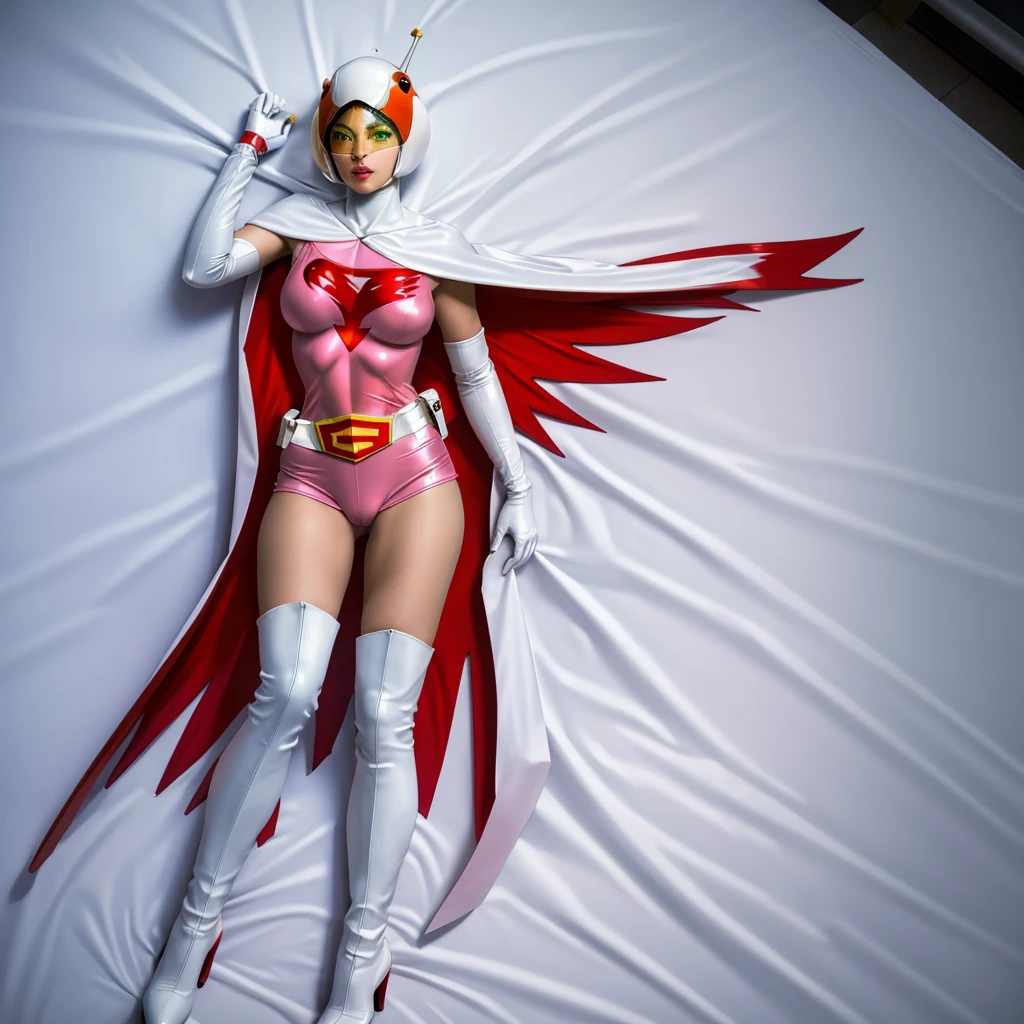 ANI_CLASSIC_jun_gatchaman_ownwaifu,1girl, 16 years old,good anatomy, masterpiece, best quality,realistic, hyperrealistic, 16k hdr, long hair,breasts,green eyes,lips,large breasts,lipstick,makeup,gloves,cape,helmet,belt,elbow gloves,white gloves,mask,ultra miniskirt,leotard,spacesuit,white tight overknee highheels boots,pink dress,superhero,bodysuit,cleavage,erected nipples,(lying flat poses, view from above),cameltoe