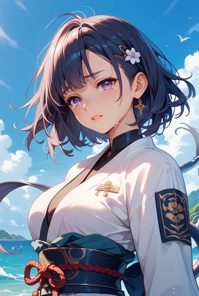 score_9,score_8_up,score_7_up, kujou_sara, 1girl, short_hair, highres, yellow_eyes, genshin_impact, mask_on_head, bird_mask, absurdres, black_hair, large_breasts, closed_mouth