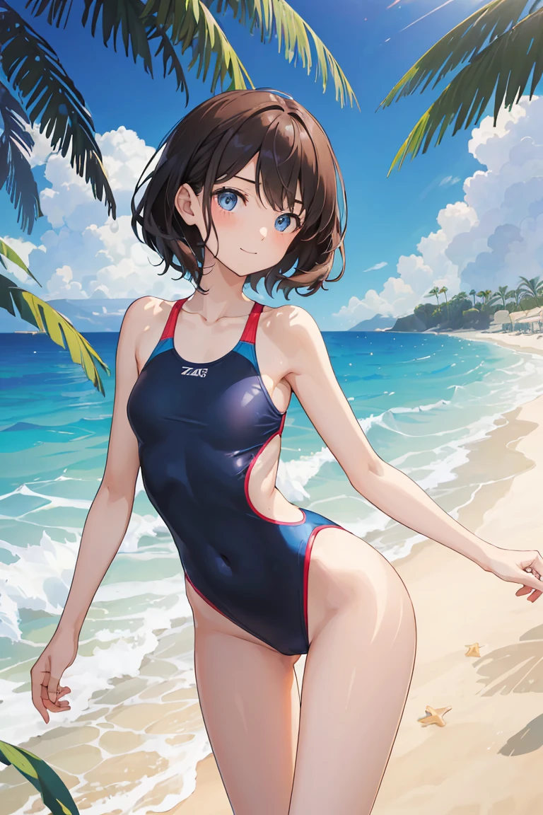 ランダムなポーズ、Random patterned swimsuit、Random patterned swimsuit,Swimsuit,Blushing、short hair、Black Hair、Pale purple eyes、Head to toe full body、Blushing、Embarrassed look、Composition from the front、A view from slightly below、school swimwear、Acme Face、Random pose、, 、nsfw、Highest quality、1 girl、solo、Ocean、Sandy Beach、Sexy pose、Random pose、Blushing、wet、Embarrassed、I can see half of my 、、One piece swimsuit、(Strap slip:1.3)、