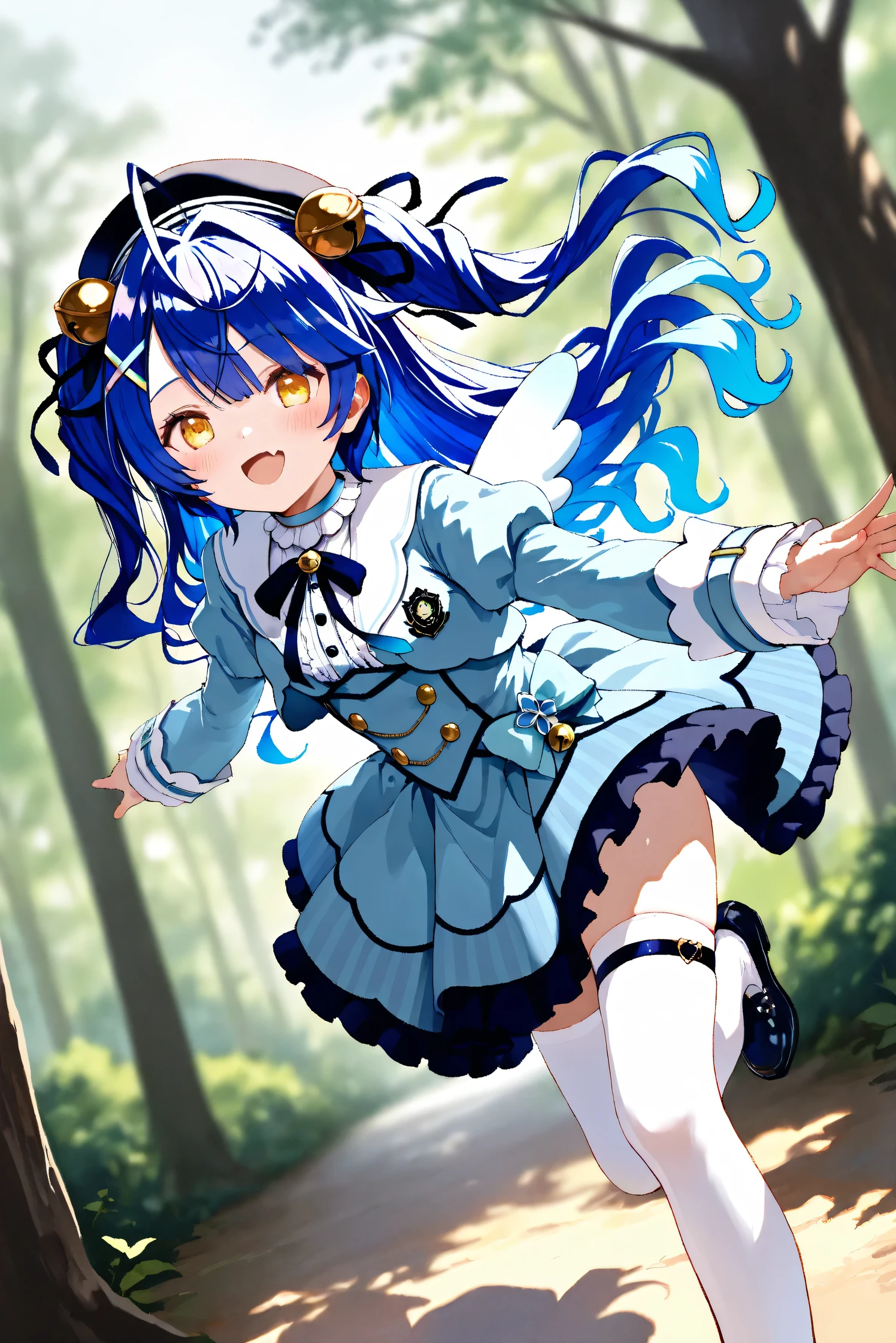 (Masterpiece), (Highest quality), (Very detailed),
(The best shape), (Best Shadow), (Absurd),
(Detailed background), (So beautiful), Shiny ,
Extraordinary, Countershading, 8k, 32K, High resolution, Beautiful eyes in every detail,
Very Detailed CG, UHD,
Score_9, Score_8_up, Score_7_up, Source_anime,
(Pastel painting:1.2), (Watercolor painting:1.2),
(Masterpiece, Detailed:1.2), (Foreshortening:1.2),
Cinematic, Dramatic, (Depth of field:1.4),
(Blurry background:1.4), (Realistic background:1.4),
(Foreshortening:1.3),Dynamic angle, 1 girl, dynamic pose,
Outdoor, Nature, Wind, forest,
Amamiya Kokoro,
nijisanji, virtual youtuber,
akokoro, ribbon, hair bell, x hair ornament, two side up, skin fang,
beret, dress, blue dress, long sleeves, jingle bell, wings, thighhighs, white thighhighs, black footwear,
portrait, Focus on face,
(Blush:1.3), smile, happy,
Realistic skin, Shiny skin,