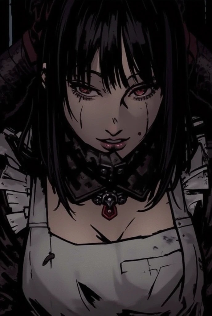 Manhwa aesthetic, Looking at the audience, Light brown eyes:1.4, goth girl, Brunette long Bob Hair with highly detailed shiny hair, bright red clothes:1.4, illuminated skin (realistic texture), realistic shading, bright red eyes, Chest cleavage:2、(((Add highlights to the eyes:1.4、charming look 、Short Bob Hair、Glowing Skin:1.4、Looking at the audience、She is very beautiful and cute、Beautiful long neck, beautiful, (cotton) black gothic shirt, latex skirt, black torn pantyhose, red sneakers, Ideal body type, (painted gothic Background:2、gothic garden background:2))、Beautiful long neck:1.4、(({Huge|big|Huge|Mega} chest, Chest cleavage:2、perfect Bodyは服を着ていない:1.6)),Perfect Anatomy, blade to side, strike pose, blade down, blade right hand, blurred background (masterpiece), best quality, high quality, highres, ultra-detailed), different poses at different angles.