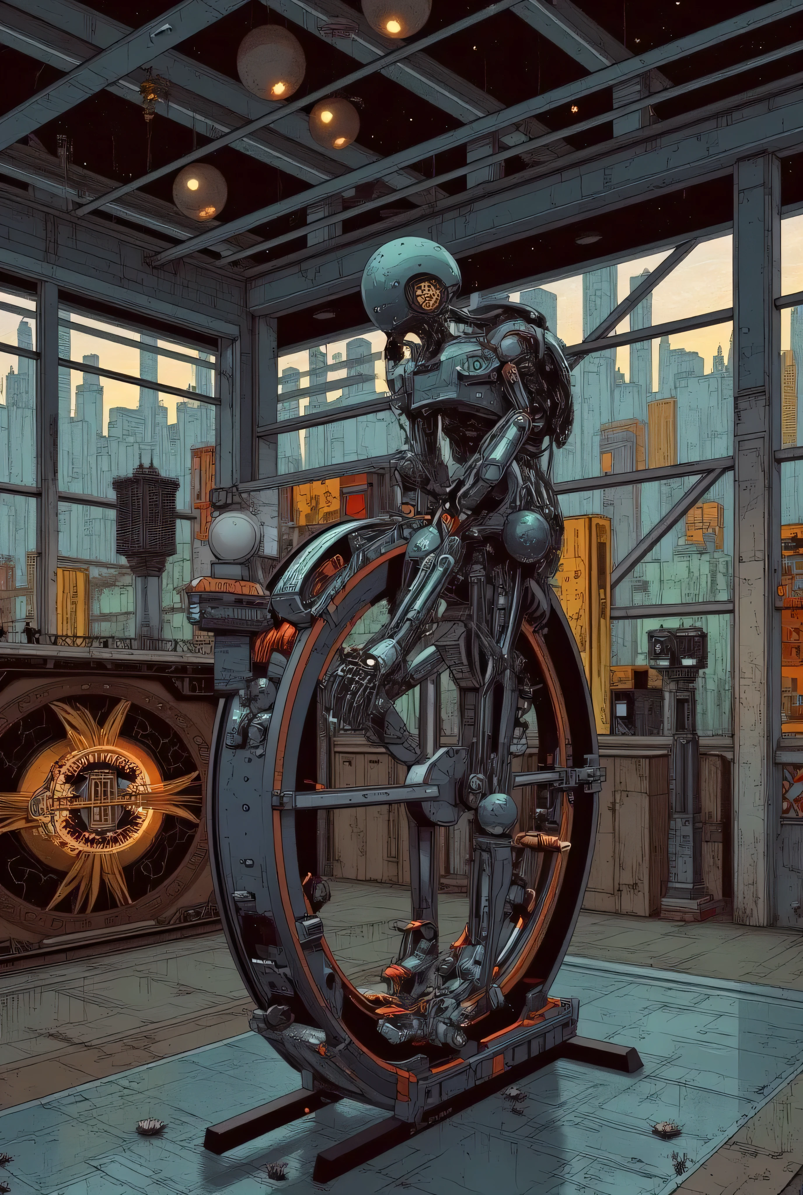 Robot running on a giant hamster wheel in a gymnasium where other robots are exercising on treadmills and lifting weights. Hamster wheel. Best quality, detailed, masterpiece.