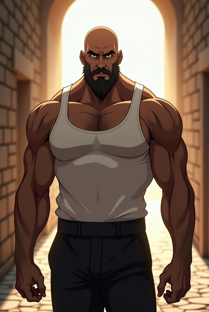 generate a big black muscular guy with a white tank top, and buff wide shoulders, with bandages round his arms, comic style anime bold lines