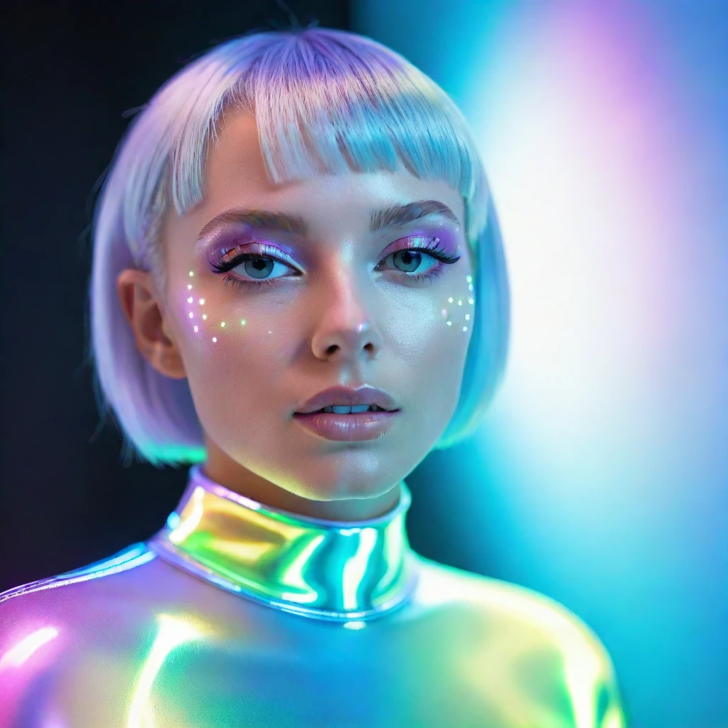 Create a realistic full-body photo of a drag queen wearing a galactic dress that looks like drag race style and is a unique outfit without breasts and her hair is short blonde, she looks young and her outfit is galactic full of life, the background with details