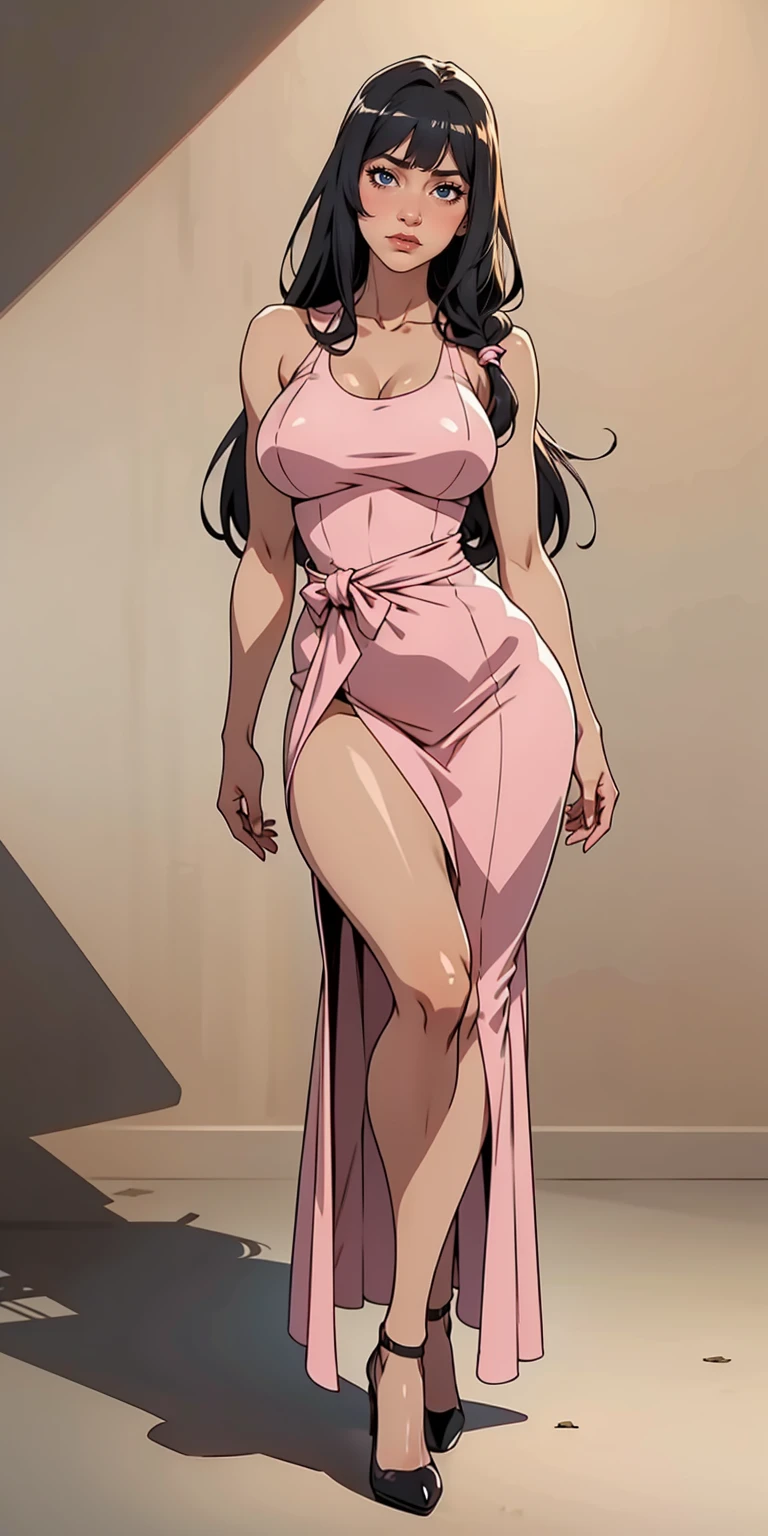 fundo simples, flat, model sheet, one character, simple light, textured flat line background, uma menina, 30 years old, latina face, brown skin, large body, fat, chubby, long hair, glamour, Stand up, maquiagem, Lips are soft or colored, , silhuetas simples, Stand Up, provocador, surprised facial expression, bashful, large pink dress