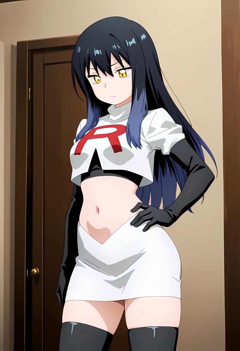 (extremely detailed CG unity 4k wallpaper),(masterpiece),(best quality),(ultra-detailed),(best illustration),(best shadow),(absurdres),(detailed background), Nemuri Kayama, 1girl, blue eyes, sky, mole under eye, solo, cloud, black hair, anime coloring, day, long hair, blue sky, outdoors, mole, tree, looking at viewer, looking back, mask, hair between eyes, closed mouth, huge breast, white latex suit 