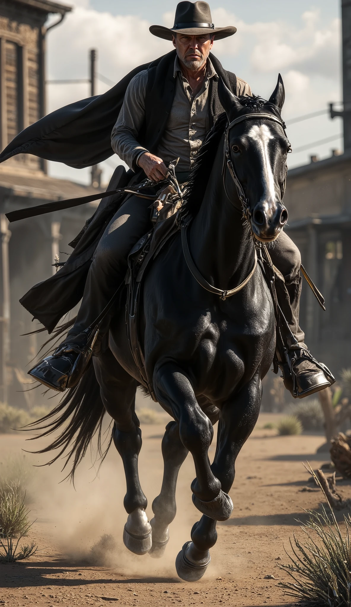 Hyper-realistic cinematic action scene of a Western gunslinger mid-shot, riding a black stallion at full gallop across a dusty desert trail. The gunslinger wears a weathered dark leather duster, flaring behind him in the wind, and a wide-brimmed hat casting a shadow over his intense, focused eyes. His face is rugged, with a clenched jaw and a layer of trail dust. With one hand, he grips the reins tightly; with the other, he aims a smoking revolver, mid-blast — the muzzle flash captured in dramatic detail, lighting up his stern expression and the metallic glint of the gun.
The black horse is muscular and fierce, hooves kicking up plumes of dust and mud, eyes wide with adrenaline. Its mane whips wildly in the wind as it thunders forward down a dirt road lined with twisted cacti and broken fence posts. In the blurred background, a frontier town flickers into view — wooden buildings, swinging saloon doors, and rising smoke — as if the rider has just burst from chaos or is charging into it.
The atmosphere is tense and explosive, with dramatic backlighting cutting through layers of dust, fog, and golden twilight. The scene is captured in 16:9 cinematic widescreen, using a vintage 35mm lens for natural light bloom, soft film grain, and a shallow depth of field that crisply isolates the rider and the gunshot, while letting the rest of the environment melt into painterly realism.
Every detail — from the shine of the horse’s wet coat, to the texture of cracked leather gloves, to the trailing smoke curling from the revolver — is rendered in vivid, photorealistic texture. The tone is gritty, heroic, and full of velocity, echoing themes of survival, vengeance, and the harsh poetry of the old West.