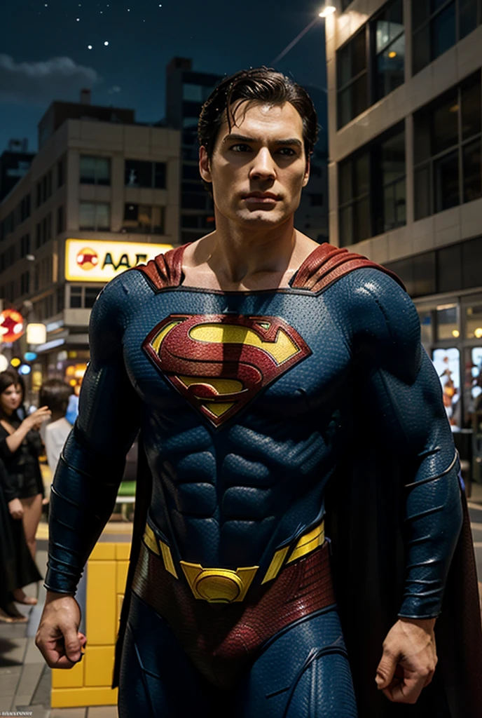 (highres, realistic:1.37), Superman flying over a bustling city, vibrant colors, detailed cityscape, detailed clouds, strong backlighting, heroic pose, cape fluttering in the wind, iconic "S" logo, tall skyscrapers, busy streets, moving vehicles, shiny glass windows, transparent buildings, futuristic architecture, people looking up in awe, dynamic composition, powerful energy radiating from Superman, intense focus on Superman's face, determined expression, confident stance, billowing smoke, realistic textures, shadows and highlights emphasizing depth, realistic city lights, dramatic sunset sky, cinematic feel, iconic superhero