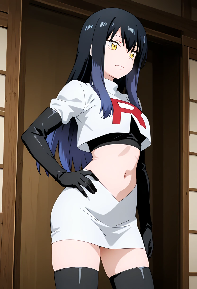 1 girl, alone, nemuri kayama, scan, (extremely detailed CG unity 8k wallpaper: 1.1), masterpiece, high resolution, bedroom, boku no hero academia, big breasts, medium waist, wide hips, medium thighs, round butt , purple hair, long hair, blue eyes, big breasts, (black lingerie:1.1), lace lingerie, (lingerie simple), elegant body, naked body, earrings, hand, holding hip, facing viewer, looking back, from behind, focus on ass, point of view (from below) hand on hip, standing, room , bedroom, sexy posture, sexy body, seductive, smiling, closed mouth, perfect anatomy, perfect hands