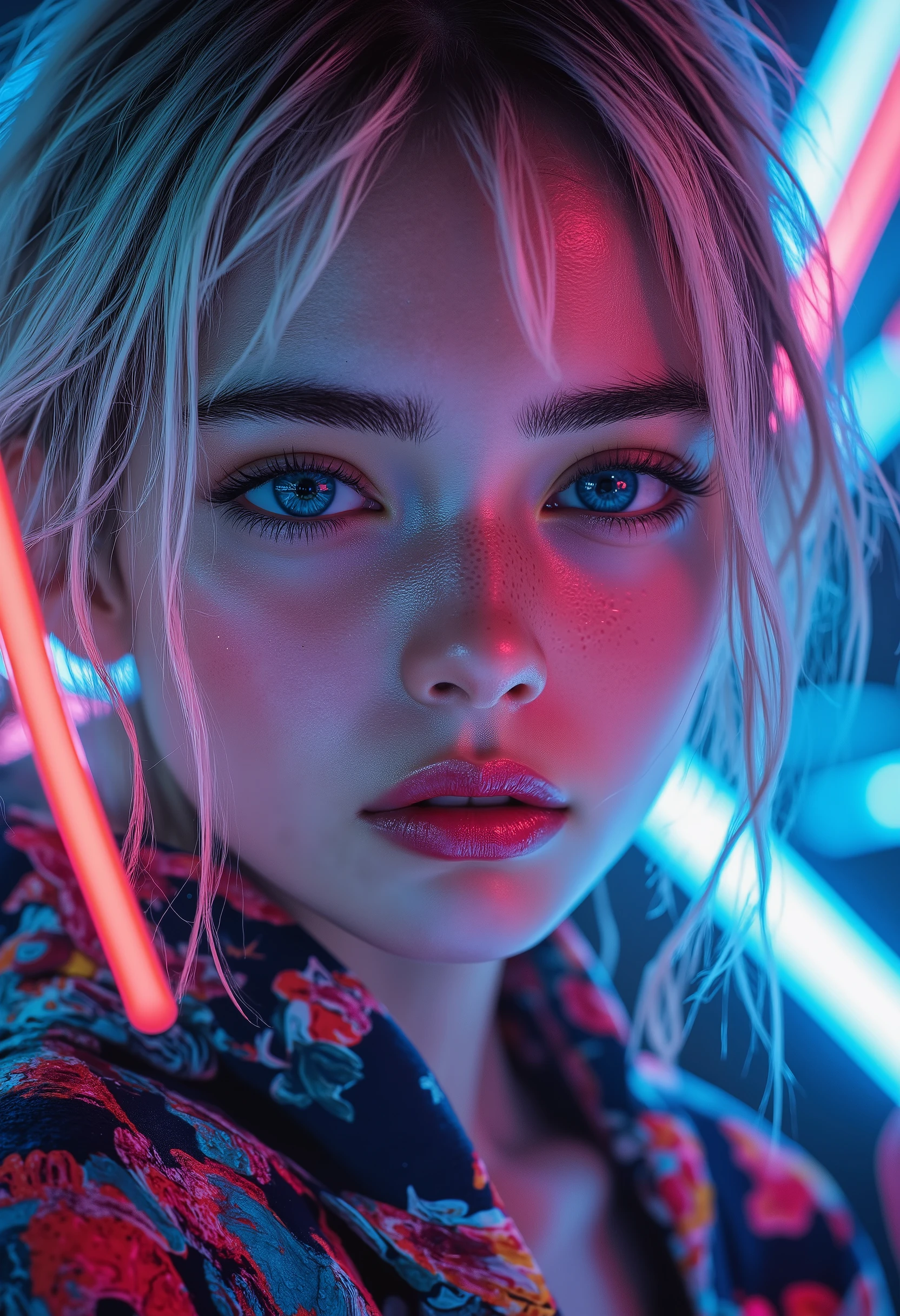  [Style: "masterpiece, realistic, (photo realistic Realism), ultra-detailed, Hyper high resolution"] 1girl, full body,blonde hair, hooded jacket, serious expression, vibrant neon colors, (Key Directive: - ("The priority is the anatomical accuracy and texture of the materials" - "Ultra-sharp human eyes with biological accuracy") { "Eyes: (acid-resistant terminology) (macro-details:1 . 5): * Moist corneal surface (visible aqueous layer:1 . 2) * Hyper-detailed iris stroma (brown with gold flecks) * Precise limbal ring (slightly darker pigmentation:1 . 1) * Pupil micro-texture (irregular edge authenticity:0 . 9) * Vasculature in sclera (subtle red veins radiating from limbus)" - "Lashes: blue individual synthetic fibers (crosshatched roots:1 . 2 , clump-free separation)" Technical Specs: (Optics: - "Zeiss Otus85mm f/1 . 4 lens (eye refraction calculations:1 . 3)" - "Shutter Speed:1/500 (freeze eye micro-movements)" - "Focus Stacking:7-point coverage on iris plane") (Post-Processing: - "Frequency separation for skin vs eye details" - "Selective sharpening: eyes200% , hair80%" - "Denoise: luminance20 , color35 (retain corneal speculars)") (Avoid: "pupil distortion , uncanny valley asymmetry , plastic-like wetness") abstract background, blue and pink lighting, dynamic composition, streetwear style, futuristic vibe, bold color contrast, cyberpunk atmosphere, strong shadows, intense and edgy mood, (Rendering engine: "Unreal Engine 5 path tracing, 16K texture maps") | The ultra-Highres,Unreal 5,Subsurface scattering,PBR Texturing,Post-Processing,Anisotropic Filtering,depth of fields,Maximum Sharpness and Sharpness,multi-layered texture,Precise simulation of light-material interactions,perfectly proportions,Octane rendering, Wide Aperture, low ISO, white balance, The rule of thirds