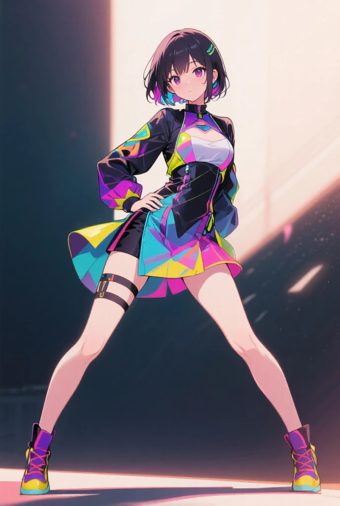 black hair, short-cut, girl, layered skirt, plain background, ultra-high picture quality, 8k, studio lighting