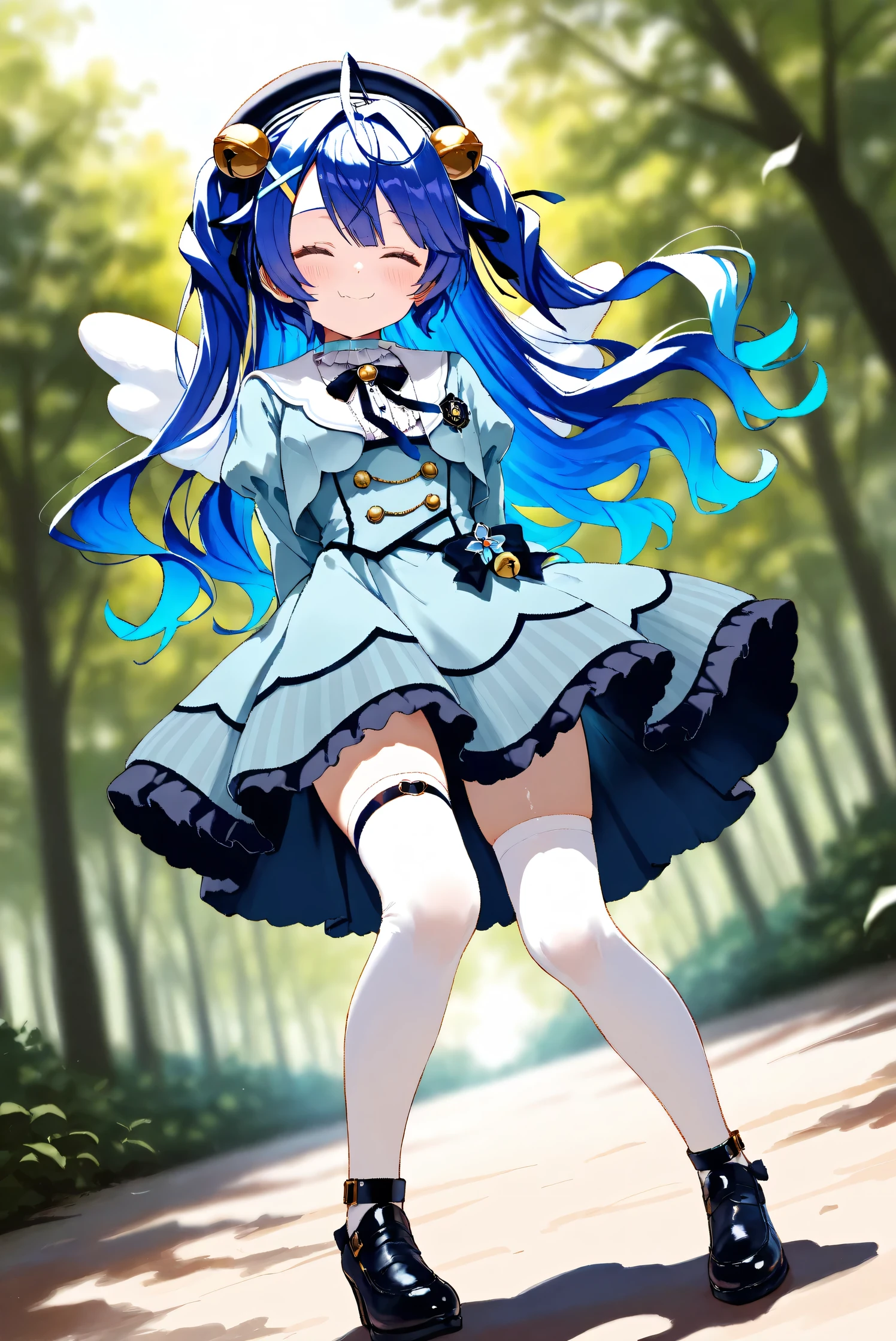 (Masterpiece), (Highest quality), (Very detailed),
(The best shape), (Best Shadow), (Absurd),
(Detailed background), (So beautiful), Shiny ,
Extraordinary, Countershading, 8k, 32K, High resolution, Beautiful eyes in every detail,
Very Detailed CG, UHD,
Score_9, Score_8_up, Score_7_up, Source_anime,
(Pastel painting:1.2), (Watercolor painting:1.2),
(Masterpiece, Detailed:1.2), (Foreshortening:1.2),
Cinematic, Dramatic, (Depth of field:1.4),
(Blurry background:1.4), (Realistic background:1.4),
(Foreshortening:1.3),Dynamic angle, 1 girl,
Outdoor, Nature, Wind, forest,
Amamiya Kokoro,
nijisanji, virtual youtuber,
akokoro, ribbon, hair bell, x hair ornament, two side up, skin fang,
beret, dress, blue dress, long sleeves, jingle bell, wings, thighhighs, white thighhighs, black footwear,
portrait, Focus on face, close up shot,
(Blush:1.3), smile, happy,
arms behind back,
Realistic skin, Shiny skin,