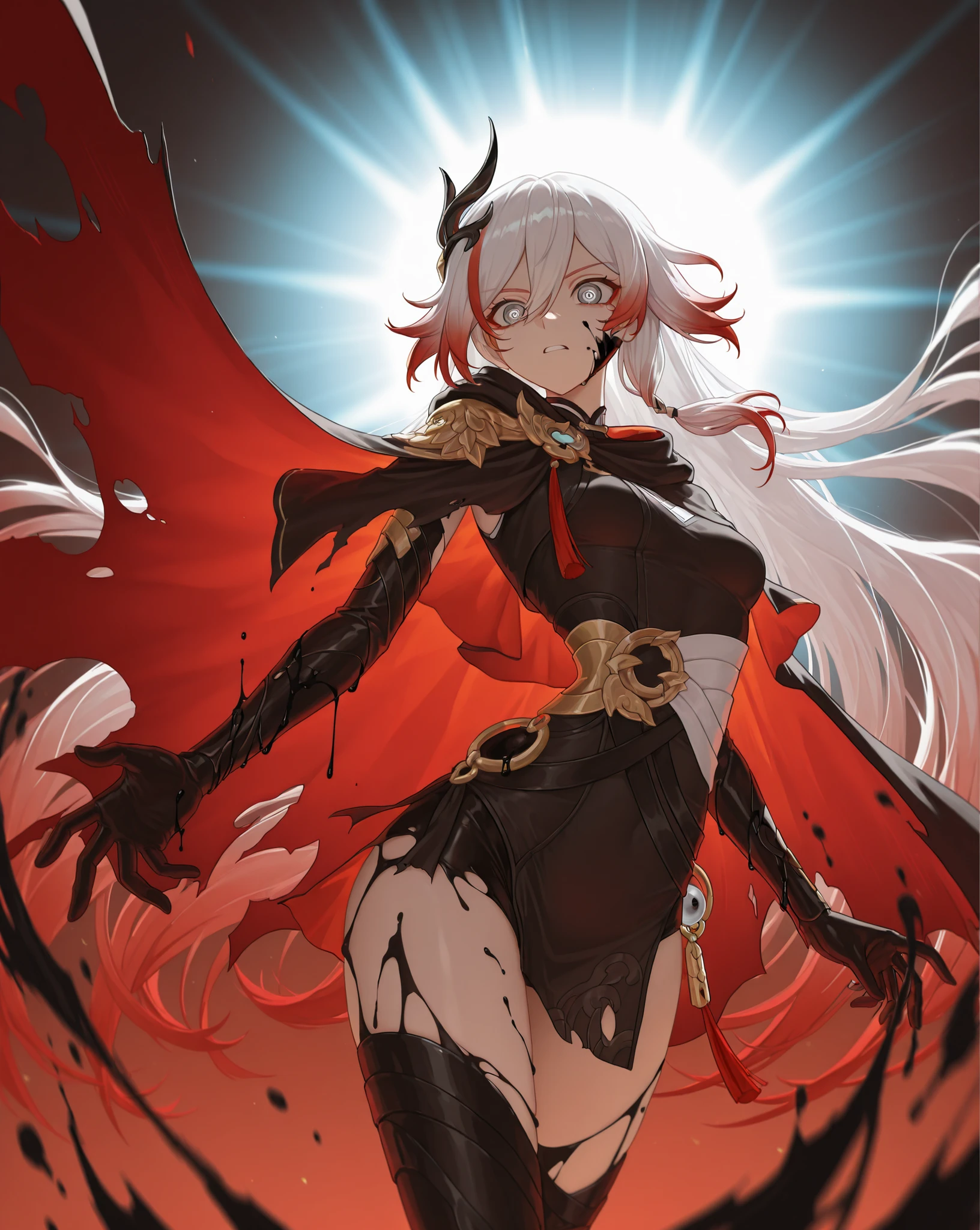 dynamic pose, masterpiece, dramatic lighting, deep lighting, god rays, best quality, amazing quality, very aesthetic, high resolution, ultra-detailed, absurdres, (hands:-0.33),
(1girl:0.33), solo, (quarter shot, close up shot:1.29), FuHua, Fol005, Fh_Hos, fu hua, very long hair, multicolored hair, red hair, black hair, white hair, gradient hair, bloody hair, red aura, whirlwind, cosmic eyes, white eyes, gray eyes, dimensional eyes, carapace, torn dress, dress, broken cheongsam, capelet, broken cape, torn clothes, black blood, black slime weapon, black liquid, BREAK, depth of field, volumetric lighting
