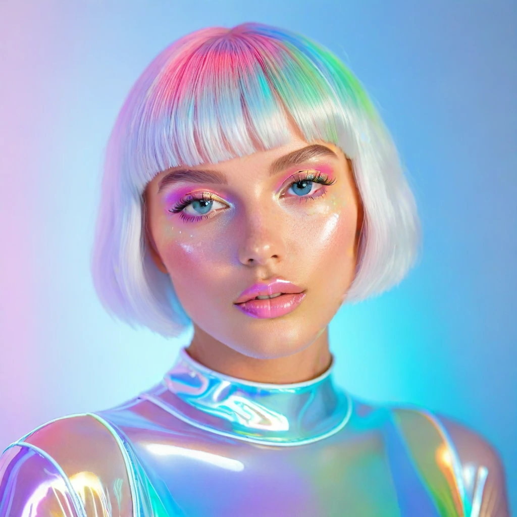 "Hyperrealistic portrait of a beautiful alien girl. She must have delicate and ethereal features, with skin of a soft and luminous tone, maybe a light blue or yellow. Your eyes should be large and expressive, with an iridescent shine, and may have an unusual color such as purple. Your hair should be short and hot, fluid and in metallic or pastel tones, like silver. The image should capture an alien beauty with beautiful skin, that combines mystery and grace, with futuristic details in their clothing and accessories, reflecting an advanced and sophisticated culture."looking to the camera