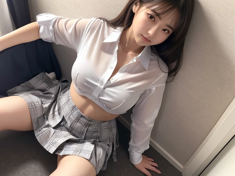 japanes、Sheer feeling、、realisitic、Visible Pore、accuracy、20yr old、　enticing　、a miniskirt　、Show a glimpse、Mideum Breastght、sunlights、(the perfect body : 1.1)、(年轻)、FULL BODYSHOT、(girl wearing school uniform) ：1.4、Button-up sh、（Very detailed CG 8k wallpaper）、（extremely delicate and beautiful）、（​masterpiece）、（top-quality：1.0）、（超A high resolution：1.0）、beautiful  lighting、perfect lightning bolt、realistic shadow、[Hi-Res]、Detailed skin、ultra-detailliert、Opening legs、Leg Raising、Kagami、、thighs thighs thighs thighs、thin clavicle、Soft navel、Soft abdomen、full of sweat、red blush、Realistic、Lifelike face、realisticeyes、Small eyes、a smirk 、Cute、erectile nipple、reol、cleaf the breast、layick、wet​、JK schooorm、panties on 、The bikini、