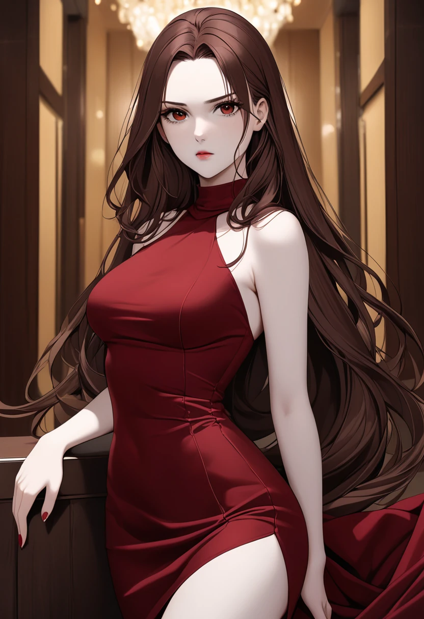 A series of images of a woman inspired by the Queen of Hearts. 8 k quality. She has long, wavy brown hair.. She wears clothes inspired by the Queen of Hearts. A long dress in shades of red with lots of details in the clothes and card suits. Very detailed and beautiful young adult appearance.