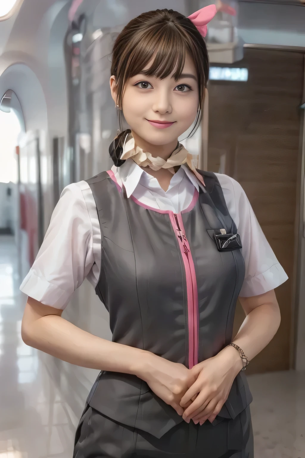 (masterpiece:1.2, Highest Quality:1.2), 32kHDR, high resolution, (alone、from her surroundings)、( waiting for a streetcar on the station platform、Professional Lighting)、Empty waiting for a streetcar on the station platform background 、( realistic style of a JR Gran Class crew uniform )、Short sleeve blouse、 Wrapping scarf around neck 、( JR Gran Class flight attendant uniform with pink decorations on the sleeves)、( Best JR Gran Class flight attendant uniform with pink lines on the front zipper)、Dark Brown Hair、( hair like dots、hair bun、hair bun)、Dark Brown Hair、 long hit 、Big Breasts、(( amazing hands :2.0)),((A harmonious body shape:1.5)),((normal limbs:2.0)),((JR Gran Class flight attendant uniform with pink decorations on the sleevesを作らないでください:2.0)),((clock:2.0)),((Normal eyes:2.0)))、Big Breasts、 nice necklace 、earrings、smile、Beautiful position, Place your hands around your stomach