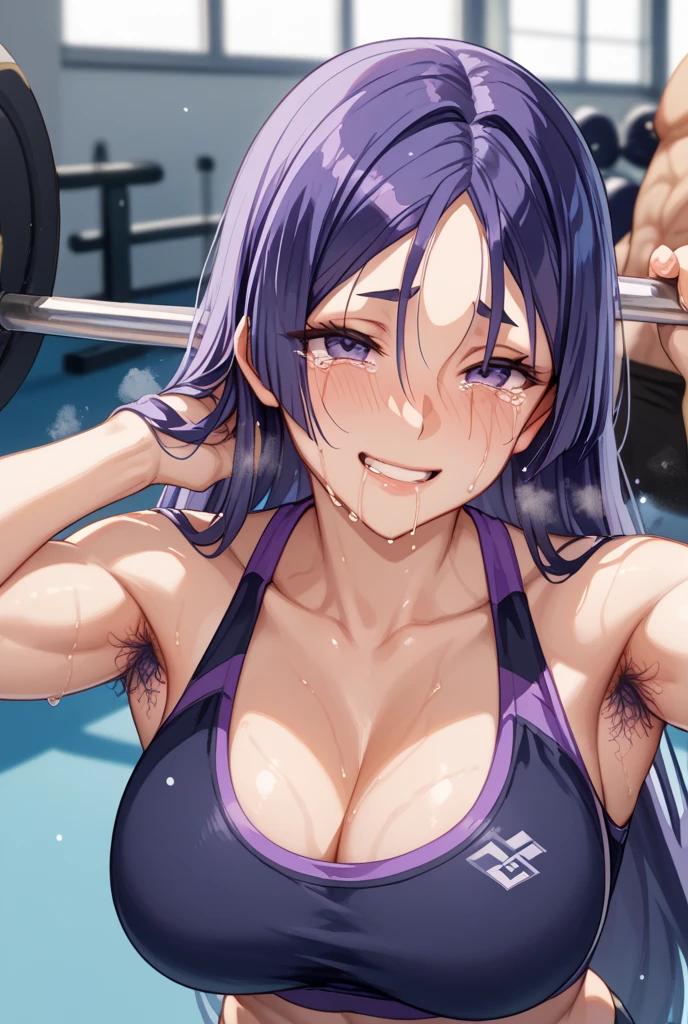 asagi,bikini bottom,sheer sports bra,cleavage,long hair,blue hair, hair between eyes, sidelocks, purple eyes, looking at viewer, in the gym, gym set up in the background , costly gym,cameltoe,(perspiring:1.1),musculature,(Toned abs),(highres, high quality:1.1), intricate details, cinematic lighting, 1girl,dynamic pose,smile,from below