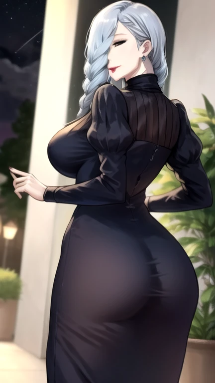 masterpiece, best quality, extremely detail 8k cg, high resolution, 1girl, pakura, green hair, orange eyes, perfect eyes, choker, outfit-gls, sweater, high-waist skirt, high heels, perfect ass, huge breasts, forhead protector, outdoors, garden, standing, beautiful face, wide shot photo, full body, from behind