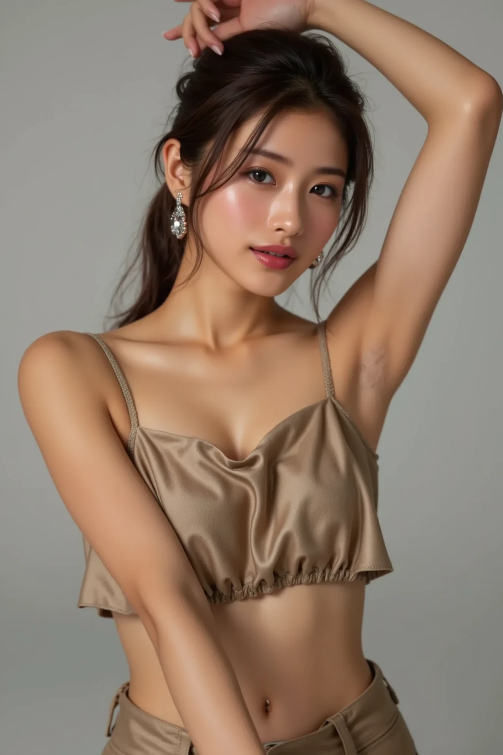 (Photorealistic:1.4), (Masterpiece, Sidelight, Exquisite Beautiful Eyes: 1.2), Masterpiece*Portrait, Realistic, 3D Face, Glistening Eyes, Glossy Hair, Glossy Skin, Solo, Embarrassing, (Abdomen), Small breast, ponytail hair