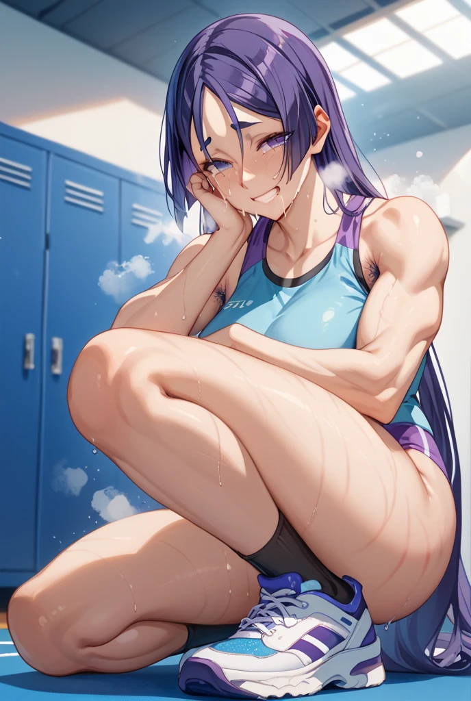 Anime boy lying in bed with eyes closed, Boy with long purple hair, Boy with long blue hair, Blue-eyed boy, Boy in swimsuit, Seductive Anime Boy, onepiece swimsuit, School swim wear, anime moe art style, garments:High-cut swimwear, Half Up Hair, lying on one's side on bed, Cool anime boy in a navy blue tanksuit, 2 d anime style, In a one-piece swimsuit, School Swimwear, Beautiful blue haired boy, Cool purple haired boy, Very realistic, lyin in bed, Ecchi anime style, highleg, Bare shoulders, bare legs