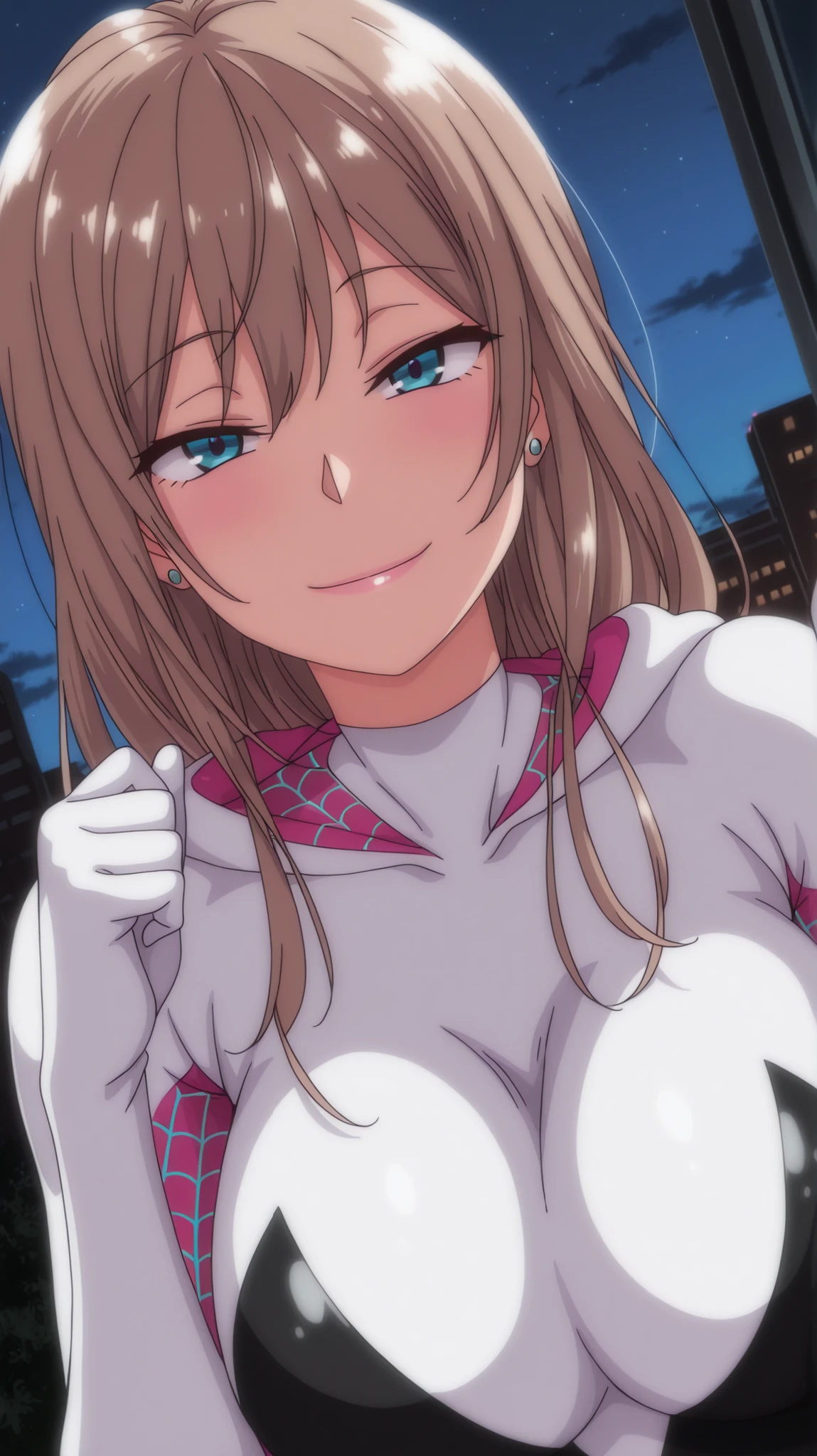 (masterpiece),(Best Quality),(Best Illustration),(Anime Coloring),(Anime Screenshot),(Hentai Style),(Best Shading),(Absurd),(Very Aesthetic),chisa_IlXL,1 Girl,Alone,Brown Hair,Long Hair,Anime Screenshot,Looking At Viewer,Seductive Smile,Hands Up,Anime Coloring,Expressive,Sexy Pose,Night,Outdoors,Long Hair,Masterpiece,Best Quality,High Quality Spider-Gwen Outfit,Sunset Background On Top Of Building,Dynamic Lighting,wild, seductive body, dutch angle,