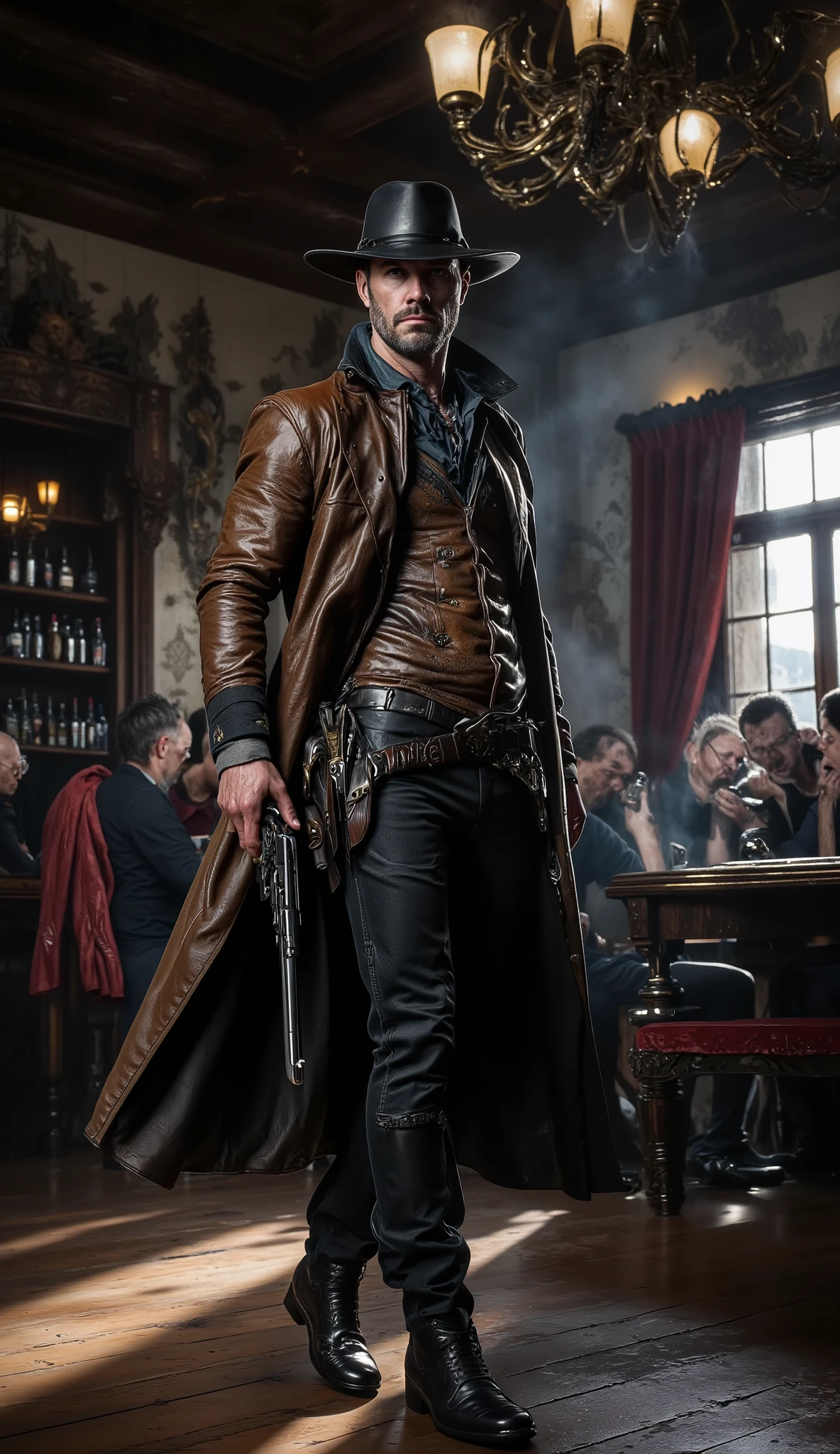 Hyper-realistic cinematic scene of a Western gunslinger mid-motion as he draws a polished revolver inside a luxurious old western saloon. The man stands tall, wearing a tailored leather coat with brass accents, a dust-stained vest beneath, and a dark, wide-brimmed hat casting a dramatic shadow over his piercing eyes. His face is weathered, unshaven, and locked in a cold, focused stare. His hand grips the revolver at his hip with deadly precision — the glint of polished steel and engraved metalwork catching the warm saloon light just as it clears the holster.
The saloon is ornate and refined, filled with polished cherrywood furniture, velvet drapes, and gilded mirrors reflecting the flickering glow of oil lamps. A grand chandelier swings slightly above, casting fragmented light across the room. Patrons freeze mid-drink, some ducking or reaching for their own weapons, while others stare in stunned silence. In the far corner, a piano is abandoned, keys still vibrating from a sudden stop. A few playing cards drift midair near an overturned table.
The atmosphere is thick with tension, enhanced by moody, cinematic lighting streaming through the large front windows — rays piercing the drifting dust in the air. The backdrop reveals a hand-painted mural, velvet wallpaper, and shelves of gleaming liquor bottles reflecting the flickering ambient light. Smoke curls from nearby cigars, mingling with the rising drama.
Captured in 16:9 widescreen aspect ratio, using a vintage 35mm lens for natural light falloff, soft film grain, and a shallow depth of field that isolates the gunslinger in crisp, photorealistic focus. The background is slightly blurred to emphasize depth and movement. Every texture — from the scuffed floorboards to the fine embroidery on the gunslinger’s cuff — is rendered in high detail. The mood is dangerous, stylish, and cinematic, evoking a turning point in a Western epic.