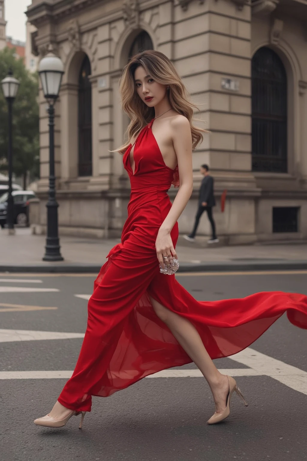 woman standing. Emma Ruby, a stunning woman dressed elegantly, stood confidently on the bustling city street corner as the vibrant urban landscape unfolded around her, emanating an air of grace and empowerment while using her poise to effortlessly capture the attention of passersby. <lora:swvsyn18e011863b6p186:1>