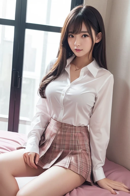 Smile、photorealisim、top-quality、超A high resolution、a picture、Photos of very beautiful Nordic-born girls、Extraordinarily beautiful girl、Detailed cute and beautiful happy face、(pureerosface_v1:0.008)、Beautiful bangs、alice in the wonderland、12year old、Glowing white shiny skin、Bangs that extend to the face、Bangs between the eyes、length hair、Attractive bright natural platinum blonde silky hair、Cute hairstyles、finer hair、thin-waist、High-definition eyes、Beautiful, Bright and clear、Big light blue eyes shine charmingly、Uniform Uniform、Random Color Plaid Pleated Skirt、(skirt rift)、eye liner、Double eyelids、Lush medium semi-nude bust、clevage、Perfect beautiful young body、Perfectly proportioned body、Bedrooms、sit on a bed、sit in