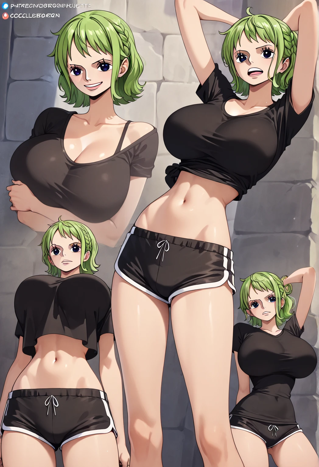 High resolution, Dragon Ball, Bulma, 4 girls, ((bimbo))), short blue hair, blue eyes, puffy lips, thick lips, wide hips, thick thighs, enormous fake breast, huge ass, sexy flirty face, shiny skin, sexy legs, breasts squeezed together, yellow micro bikini, jungle, camel toe, perky nipples, full body,