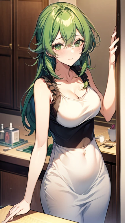 Solo, Delicate Face, Long Eyelashes, (beautiful Hair), (green Eye: 1.3), (green Hair), Medium Cleavage, Tartan Check, Music Room, Top Angle, Uniform, Light Blue Underwear, wet, Thin body, White yogurt on Breast , White Liquid All Over Chest and bra, Frontal Shot, Woman with Upper Eyes, eyes looking backwards, green panty