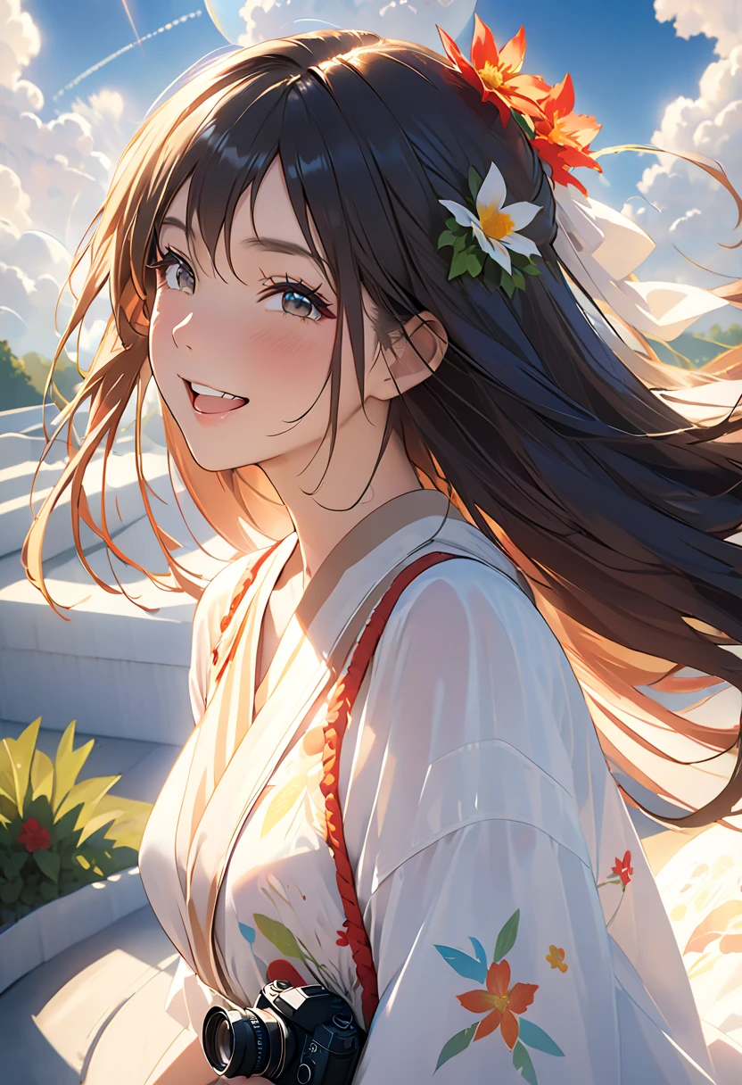 (highest quality,4K,8k,High resolution,masterpiece:1.2),Super detailed,(Realistic,photoRealistic,photo-Realistic:1.37),Portraiture,Beautiful fine details,Beautiful lip detail,Highly detailed eyes and face,Long eyelashes,超High resolution,Studio Lighting,Ultra-fine painting,Sharp focus,Physically Based Rendering,Very detailed explanation,Professional,Vibrant colors,Bokeh,landscape,colorful,Soft lighting,Mysterious,Happy,Joyful,Summer sunshine,Floral Dress,Flowing hair,Sunlit clouds,Romantic atmosphere,Smiling expression,easygoing,like,Romance