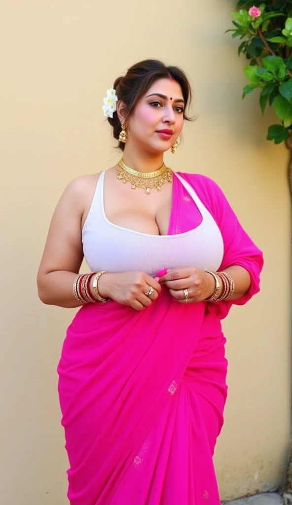A woman neck blouse and saree,on the beach,fair face,round face, angle face, beautiful face,big cheeks, curvy, hourglass figure, swooping breasts, deep cleavage, open arms, sexy armpits,big penis, nipples, ass, necklace, (cinematic:1.3), intricate details, (ArtStation:1.2),araffe woman in a neck blouse and saree standing on a step, thick thighs, thick legs, full body photogenic shot, full body! pretty face, neck blouse and saree woman, gorgeous lady, full body shoot, full body!! maximalist details, skinny waist and thick hips, dressed in a neck blouse and saree, pretty face with arms and legs, juicy legs, vibrant hues,