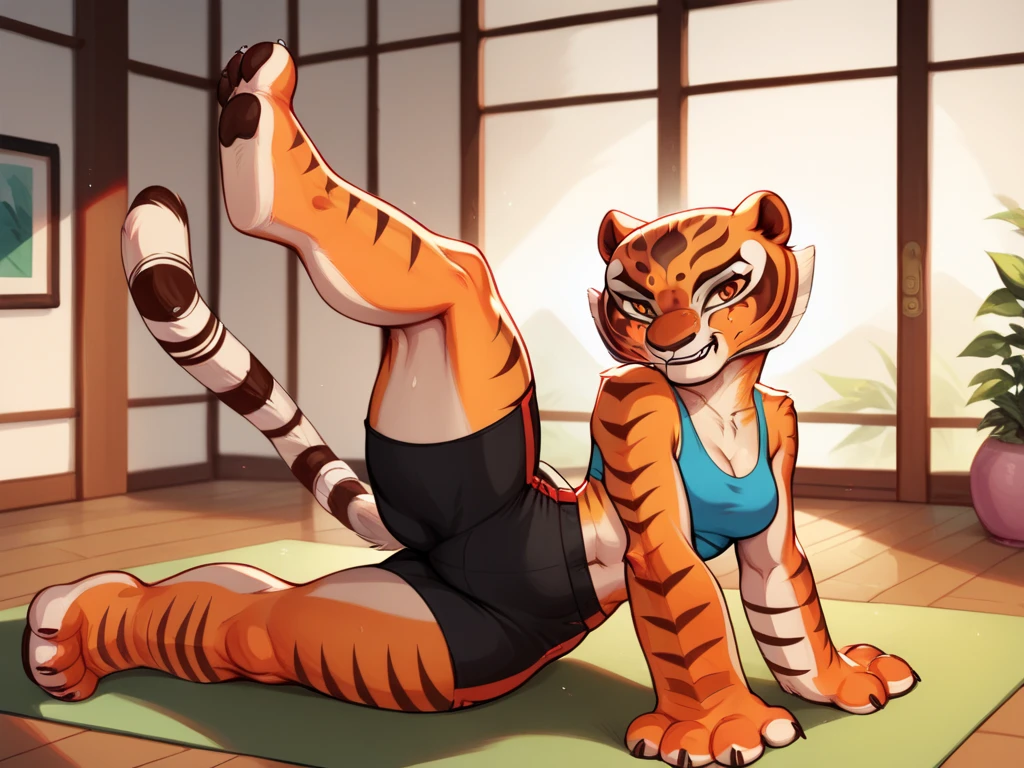 Kung Fu Panda, Master Tigress, Pose, Yoga, wearing black shorts,