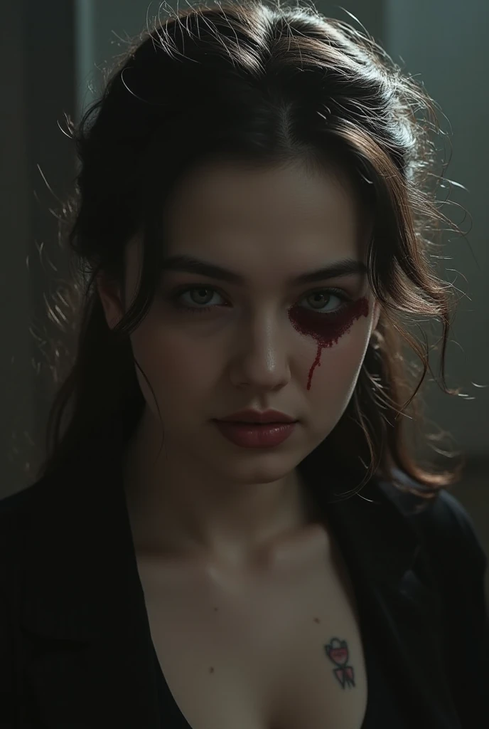 （best quality，Super fine，fidelity：1.37），beautiful girl，cold expression，Red viscous liquid oozes from scratches on face，close up。Bullets flew through the air，broke the glass。Instant capture，penetrating glass shards，Detailed bullet trajectories，