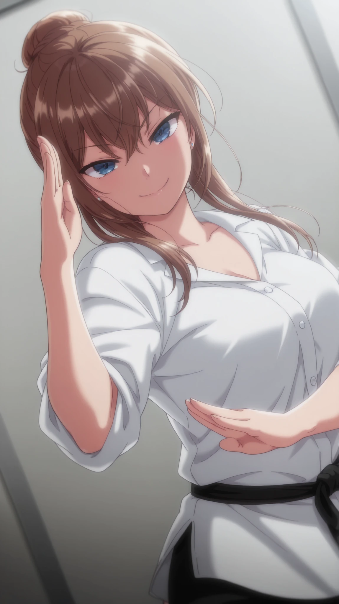 1 girl, chisa, smiling, happy, looking at viewer, masterpiece, best quality, high quality, smile, Ultra detailed, stunning visual cg, all body, dutch angle, bun, martial art pose, right arms