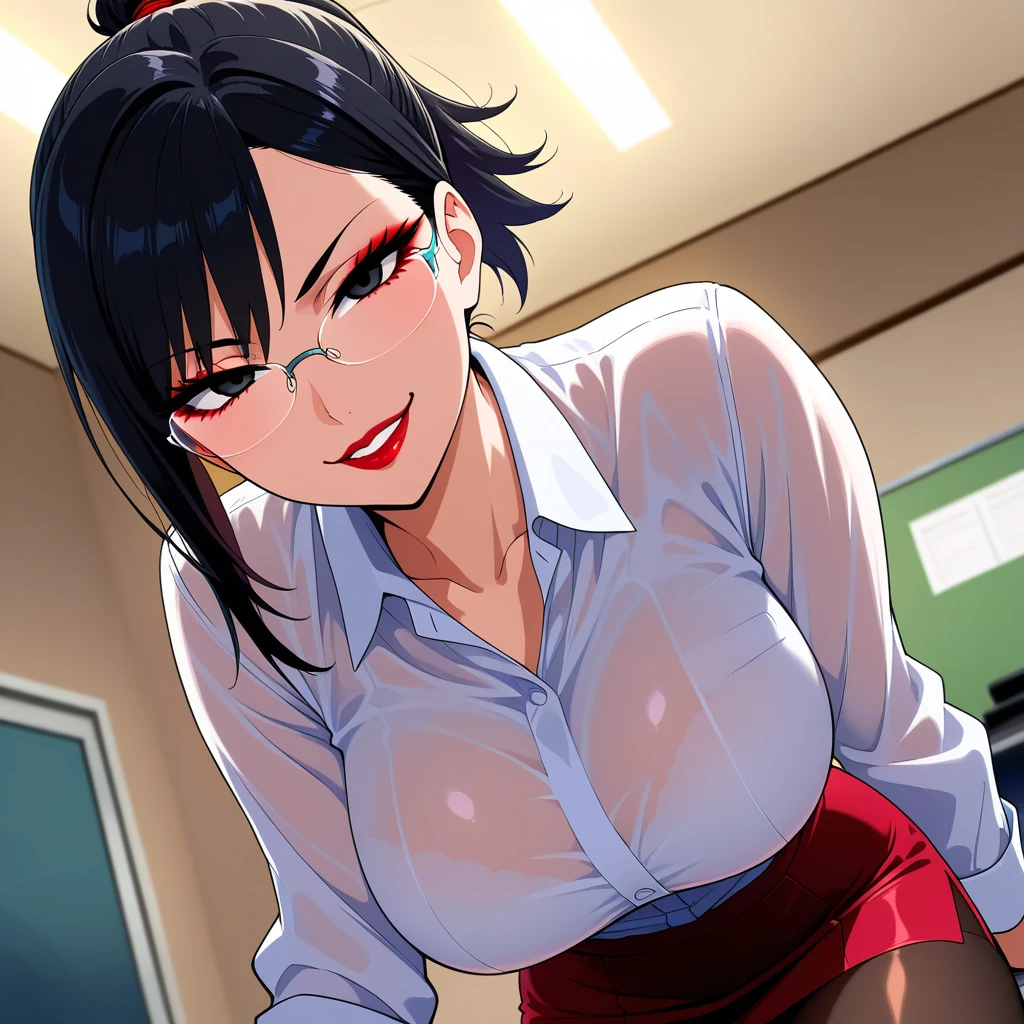 ((super high quality:1.6,Ultra-high resolution,4K,8k,16K,super masterpiece,Ultra HD)),Dimly lit room at night,Light purple bed,Sleep in bed,One Mature Woman,(Naked shirt,Tight Skirt,Long sleeve((Large collar,Open collar,Stand up your collar,Tight collar)Big penis,Penis insertion),Cleavage),Put your hands on your head,Spread your legs,Ahegao,blush,Glasses,Drooling,tears,Sweaty,sexy,Pearl Earrings,Pearl Necklace,