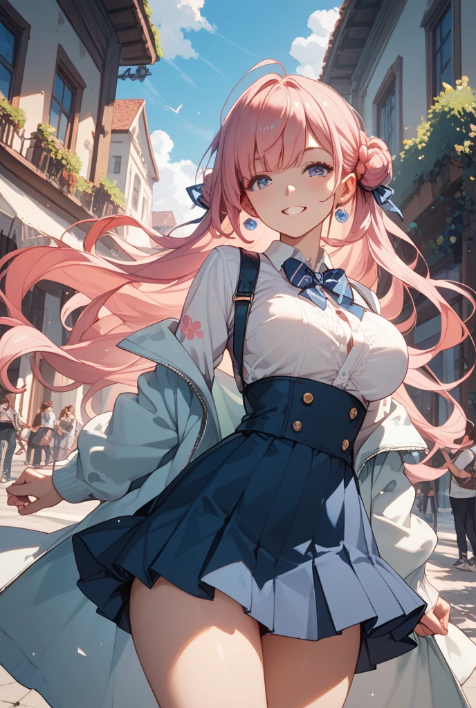 hiquality, hight resolution, ultra-detailliert, high-level image quality, hightquality, anime illustrated, (finely detailed beautiful eye: 1.2), Detailed eye depiction, (finely detailed eyes and detailed face:1.3), (extremely details CG, Best Shadow:1.1), Depth of field and blur, (Perfect Detail: 1.1) , digitial illustration, Enamel Art, Center, Watercolor painting, art stations, concept-art, character sheets, Lightning Wave, beautiful anime watercolors, Vibrant colors, Sharp Focus, art by:hyung tae kim, Fine detail, intricate detailes, highleg, Colossal tits, gargantuan butt、Curvaceous body, Detailed eye depiction, Vibrant colors, Sharp Focus, realistic skin textures、Whip body,Wave Bob Hairstyles , (Pink) Hair color, (Blue) eyeshadows, (Red) Lip color, (white) Bow tie blouse, (navy) Long pleated skirt, (Red) pumps,