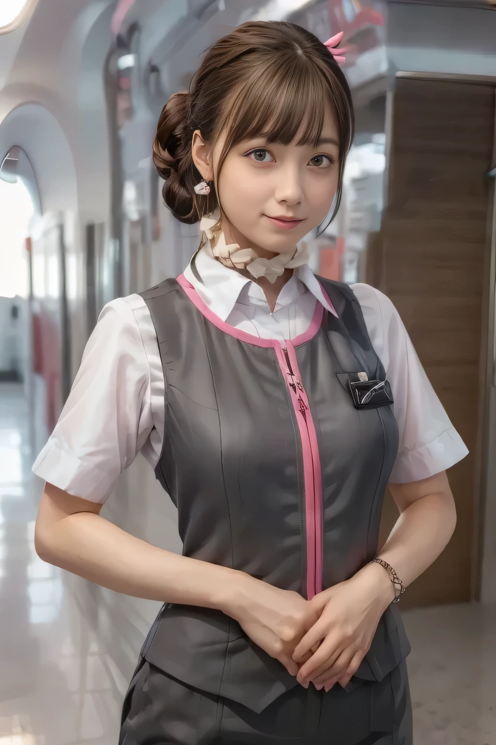 (masterpiece:1.2, Highest Quality:1.2), 32kHDR, high resolution, (alone、from her surroundings)、( waiting for a streetcar on the station platform、Professional Lighting)、Empty waiting for a streetcar on the station platform background 、( realistic style of a JR Gran Class crew uniform )、Short sleeve blouse、 Wrapping scarf around neck 、( JR Gran Class flight attendant uniform with pink decorations on the sleeves)、( Best JR Gran Class flight attendant uniform with pink lines on the front zipper)、Dark Brown Hair、( hair like dots、hair bun、hair bun)、Dark Brown Hair、 long hit 、Big Breasts、(( amazing hands :2.0)),((A harmonious body shape:1.5)),((normal limbs:2.0)),((JR Gran Class flight attendant uniform with pink decorations on the sleevesを作らないでください:2.0)),((clock:2.0)),((Normal eyes:2.0)))、Big Breasts、 nice necklace 、earrings、smile、Beautiful position, Place your hands around your stomach