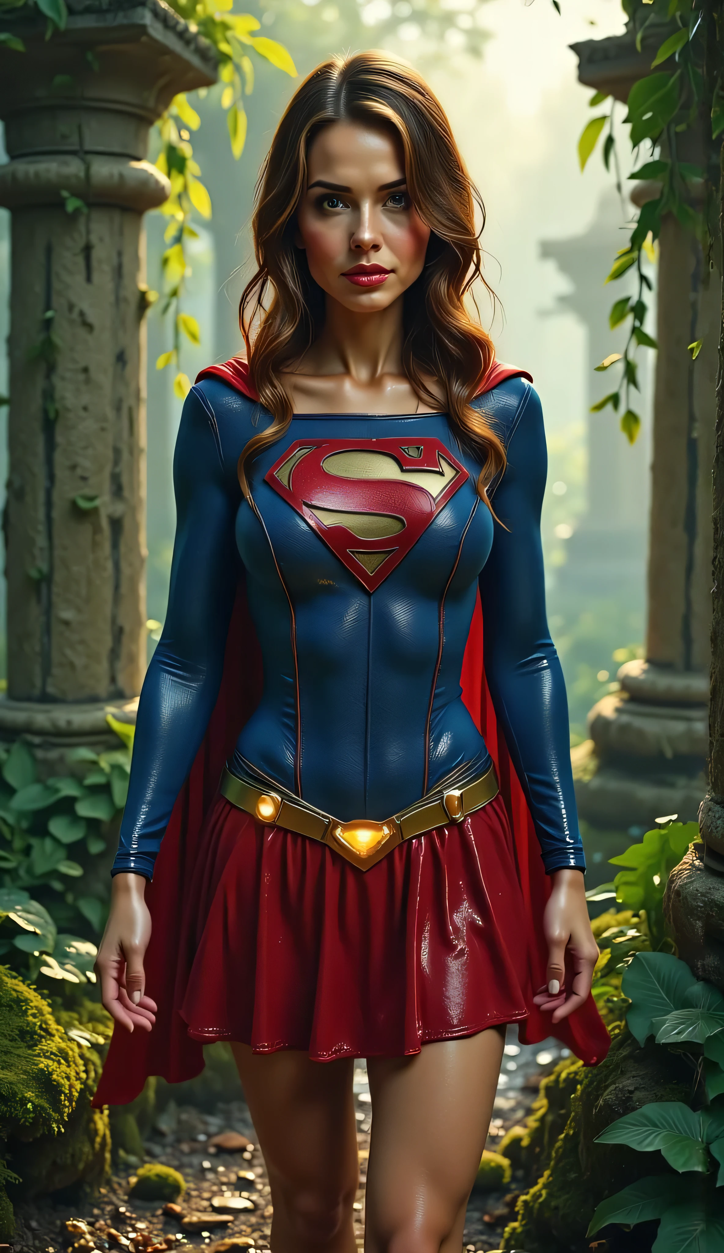 Medium close-up of Supergirl inspired by Melissa Benoist, standing in front of ancient jungle ruins, moss-covered stone pillars and hanging vines behind her, sunlight filtering through leaves, glowing “S” emblem on her chest, soft green reflections on her face, cinematic painterly lighting, 4K resolution